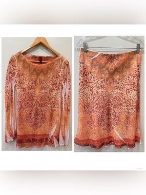 Vintage Just In Time USA Y2K Mesh Sequin Embellish Top (Small) & Skirt (Large )